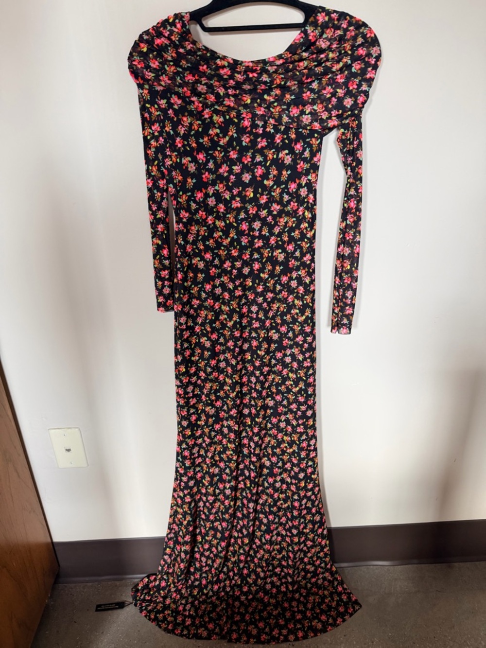 AFRM long sleeve off shoulder mesh maxi wedding guest dress black floral XS - Picture 6 of 6